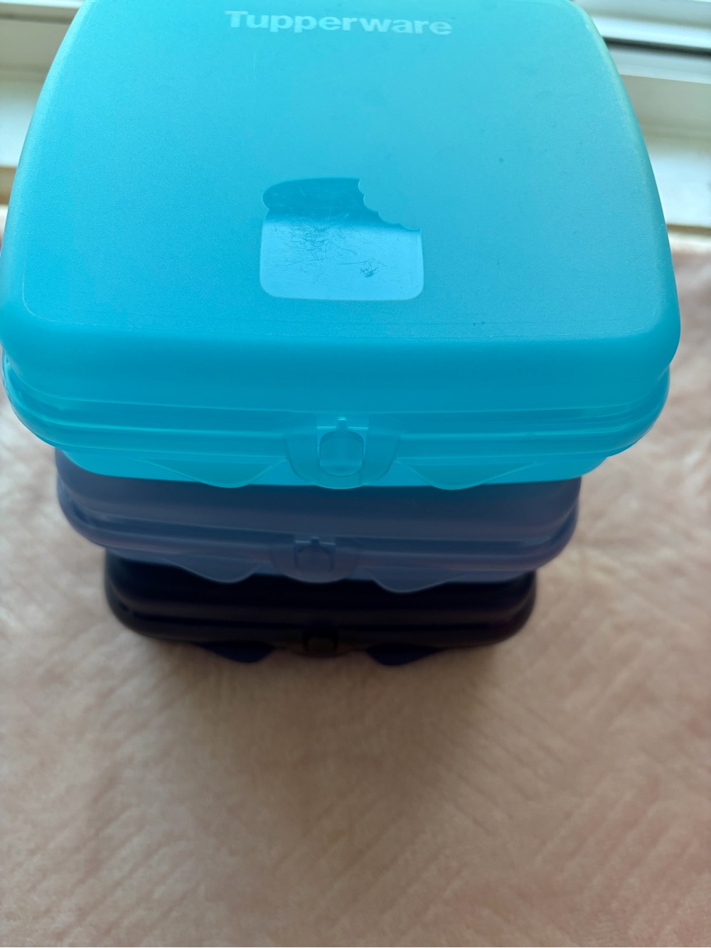 Tupperware Stackable Snack and Sandwich Boxes in Aqua, Light Blue and Navy, Pink